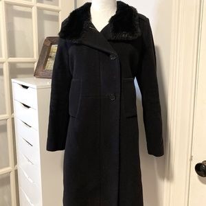 Talbots Petites Black Wool Blend Coat with Faux Fur Collar, Size 2P